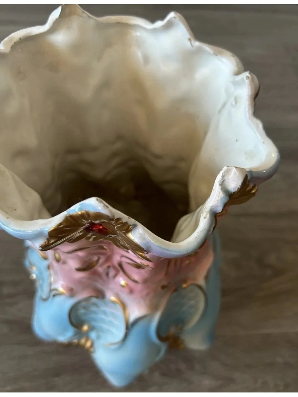 Vintage Italian Hand Painted Ceramic Vase Pink Blue Gold Gilt 12.5”